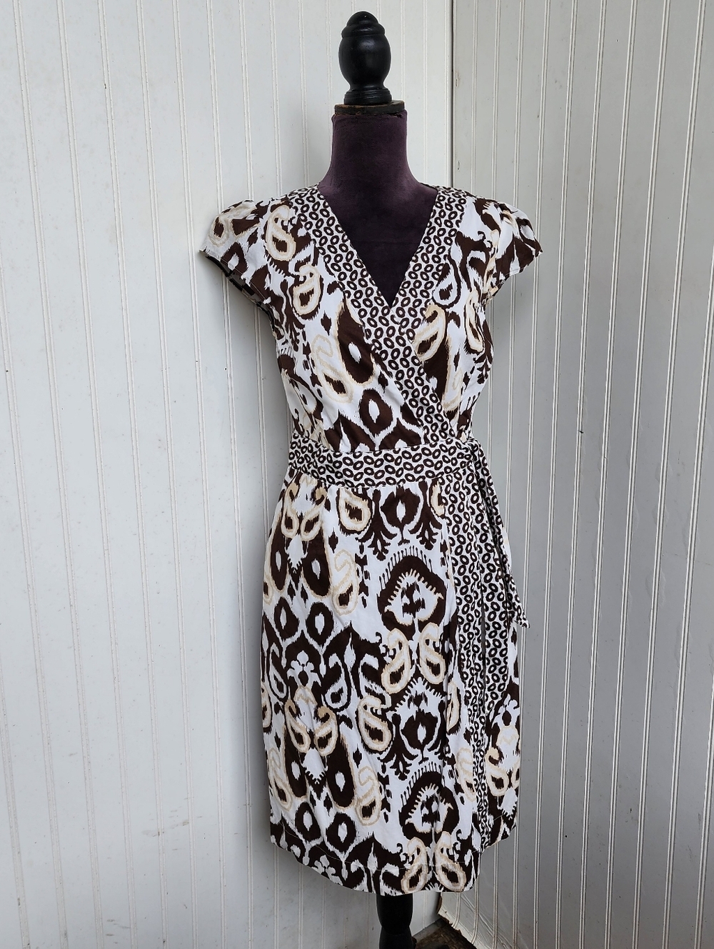 Tommy Hilfiger Womens Wrap Dress Brown Ivory Print Cap Sleeve Pockets Cotton S